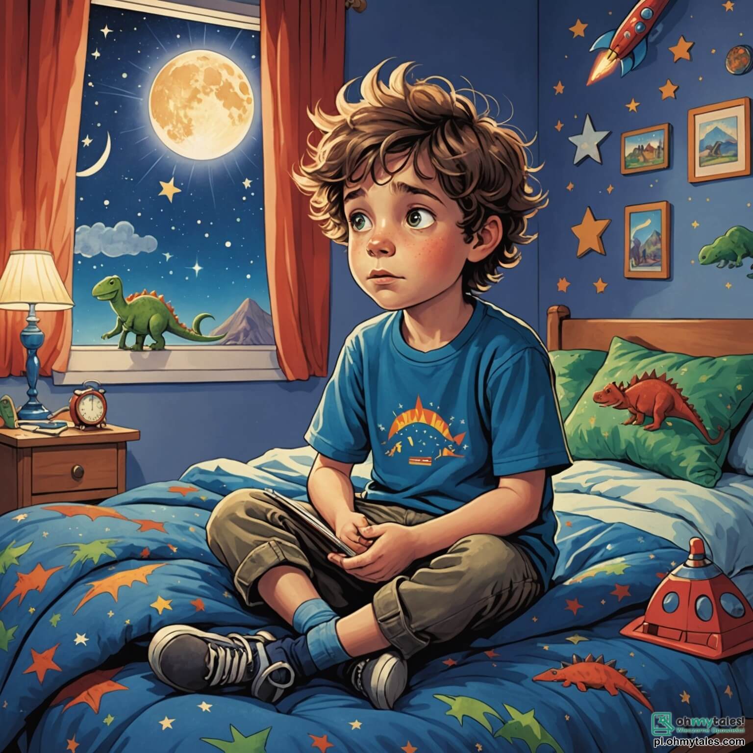 Une illustration destinée aux enfants représentant un jeune garçon aux yeux pétillants de curiosité, aux cheveux ébouriffés et à la petite bouche en cœur, assis sur son lit recouvert d'une couverture bleue étoilée dans une chambre chaleureuse aux murs ornés de dessins colorés de dinosaures et de fusées, où la lumière du crépuscule filtre à travers les rideaux à motifs de nuages, tandis qu'il se débat avec sa peur du noir, entouré de sa douce maman, une femme au sourire apaisant et aux bras réconfortants, qui l'encourage à surmonter ses craintes en transformant l'obscurité en un monde magique peuplé de créatures fantastiques et de lumières scintillantes.