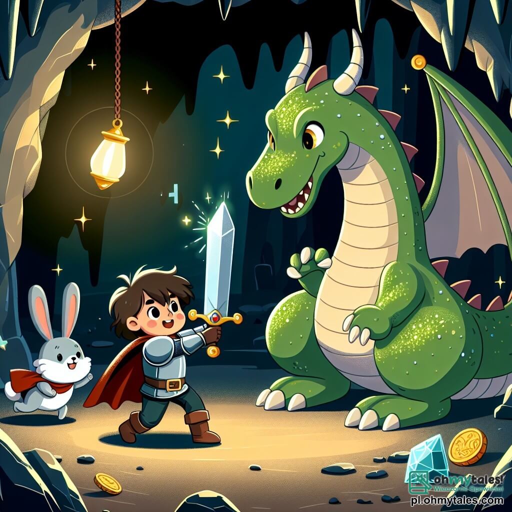 Une illustration sous forme de dessin destinée aux enfants représentant une scène épique dans une jaskinia sombre et mystérieuse, où un jeune chevalier courageux, un garçon aux cheveux châtains et aux yeux brillants, brandit son épée avec détermination face à un immense dragon aux écailles vertes étincelantes, tandis qu'un petit lapin aux grandes oreilles, témoin de cette rencontre, observe avec curiosité depuis un coin, illustrant le moment où le chevalier choisit d'affronter le dragon pour établir une amitié plutôt qu'une lutte, avec des trésors scintillants éparpillés autour d'eux et des ombres dansantes sur les murs de la grotte.