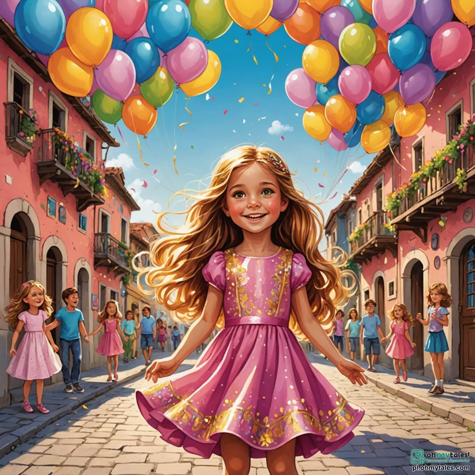 Une illustration destinée aux enfants représentant une petite fille aux longs cheveux dorés, scintillant comme des rayons de soleil, vêtue d'une magnifique robe rose ornée de paillettes étincelantes, qui, dans un petit village coloré où les rues sont parées de guirlandes multicolores et de ballons flottants, se prépare avec excitation pour le carnaval, entourée de sa meilleure amie, une fille à la chevelure brune, qui rêve d'être une sirène, tandis qu'un joyeux clown aux vêtements bariolés et au sourire contagieux attire l'attention des enfants en réalisant des tours de magie, créant une atmosphère festive et pleine de rires sous un ciel bleu parsemé de nuages cotonneux.