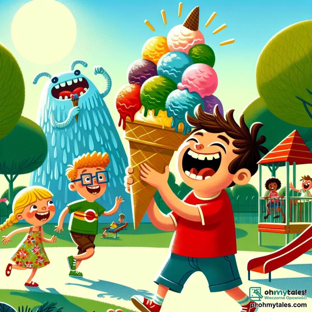 Une illustration sous forme de dessin destinée aux enfants représentant un parc ensoleillé avec des arbres colorés et une aire de jeux animée, où un garçon de 11 ans aux cheveux bruns en bataille, portant un t-shirt rouge et un short bleu, est en train de rire tout en tenant un énorme cornet de glace qui déborde de plusieurs saveurs, tandis qu'à ses côtés, une fille aux cheveux blonds tressés, vêtue d'une robe à fleurs, et un garçon aux lunettes et cheveux châtains, en t-shirt vert, l'encouragent à relever un défi amusant de manger le plus de glaces possible, alors qu'un drôle de monstre de glace, ressemblant à un gros bonhomme de neige, les observe avec curiosité, créant une scène pleine de joie et d'amitié.