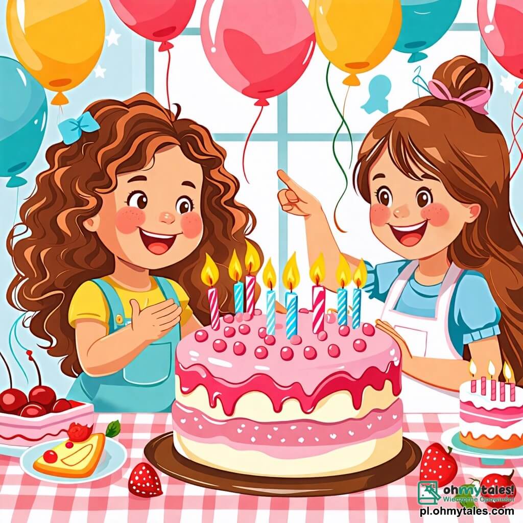 Une illustration sous forme de dessin destinée aux enfants représentant une joyeuse fête d'anniversaire dans une cuisine colorée, avec des ballons flottants et un grand gâteau rose décoré de bougies scintillantes au centre de la table, une petite fille de 2 ans aux cheveux bouclés et aux joues roses, sautillant de joie en pointant le gâteau, tandis qu'une maman souriante aux cheveux longs et bruns, portant un tablier, applaudit avec fierté, le tout baigné dans une lumière chaleureuse et festive.
