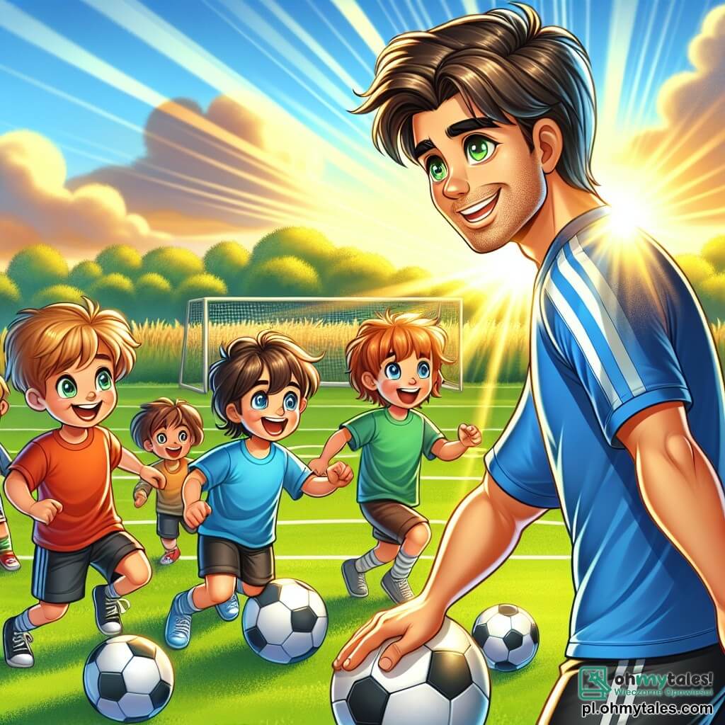 Une illustration sous forme de dessin destinée aux enfants représentant un terrain de football verdoyant, baigné par la lumière dorée du soleil couchant, où un homme athlétique aux cheveux bruns et aux yeux pétillants, vêtu d'un maillot de football bleu et de shorts noirs, montre aux enfants comment dribbler le ballon, tandis qu'un groupe de garçons aux visages joyeux et aux cheveux ébouriffés, portant des t-shirts colorés, l'observe avec admiration et enthousiasme, tous prêts à apprendre et à s'amuser ensemble dans une ambiance de camaraderie et de passion pour le sport.
