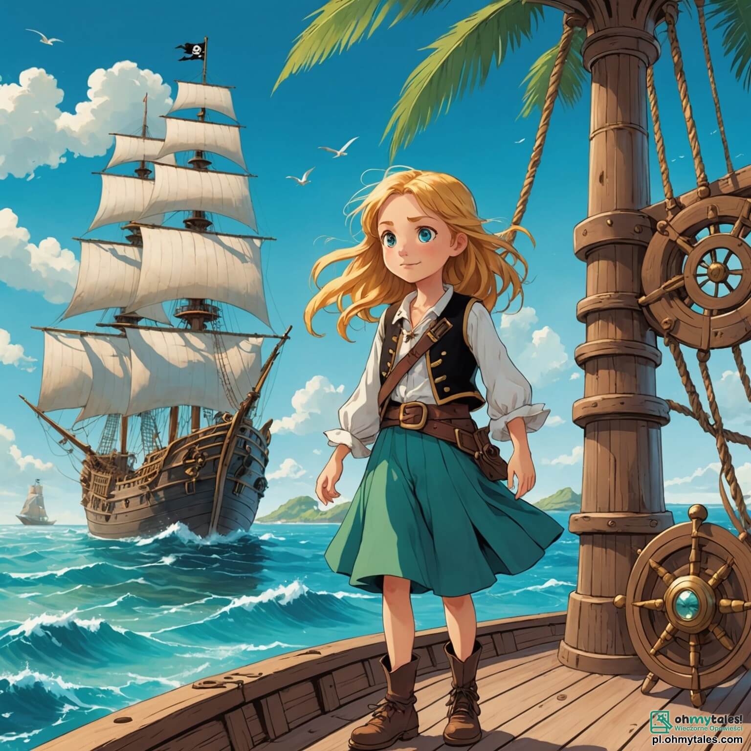 Une illustration destinée aux enfants représentant une intrépide jeune fille aux cheveux dorés, se tenant fièrement sur le pont d'un vieux navire pirate, avec des voiles blanches flottant au vent et une mer turquoise scintillante en arrière-plan, tandis qu'un garçon aux yeux malicieux, son meilleur ami, scrute l'horizon à la recherche d'un trésor caché sur une île mystérieuse bordée de palmiers et de plages de sable fin.