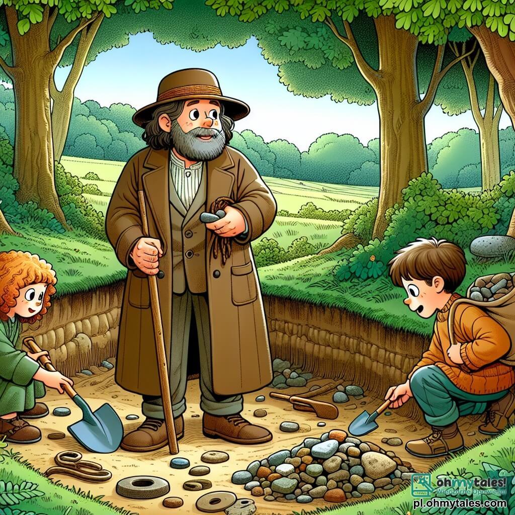 Une illustration sous forme de dessin destinée aux enfants représentant un ancien site archéologique dans une forêt verdoyante, avec un homme d'âge moyen portant un long manteau brun et un chapeau de paille, fouillant le sol avec une petite pelle, tandis qu'une fille aux cheveux bouclés et une autre garçon aux poches pleines de pierres l'observent avec émerveillement, tous trois découvrant des trésors cachés comme des morceaux de poterie et un vieux clé, illustrant l'excitation et la curiosité de l'aventure archéologique.