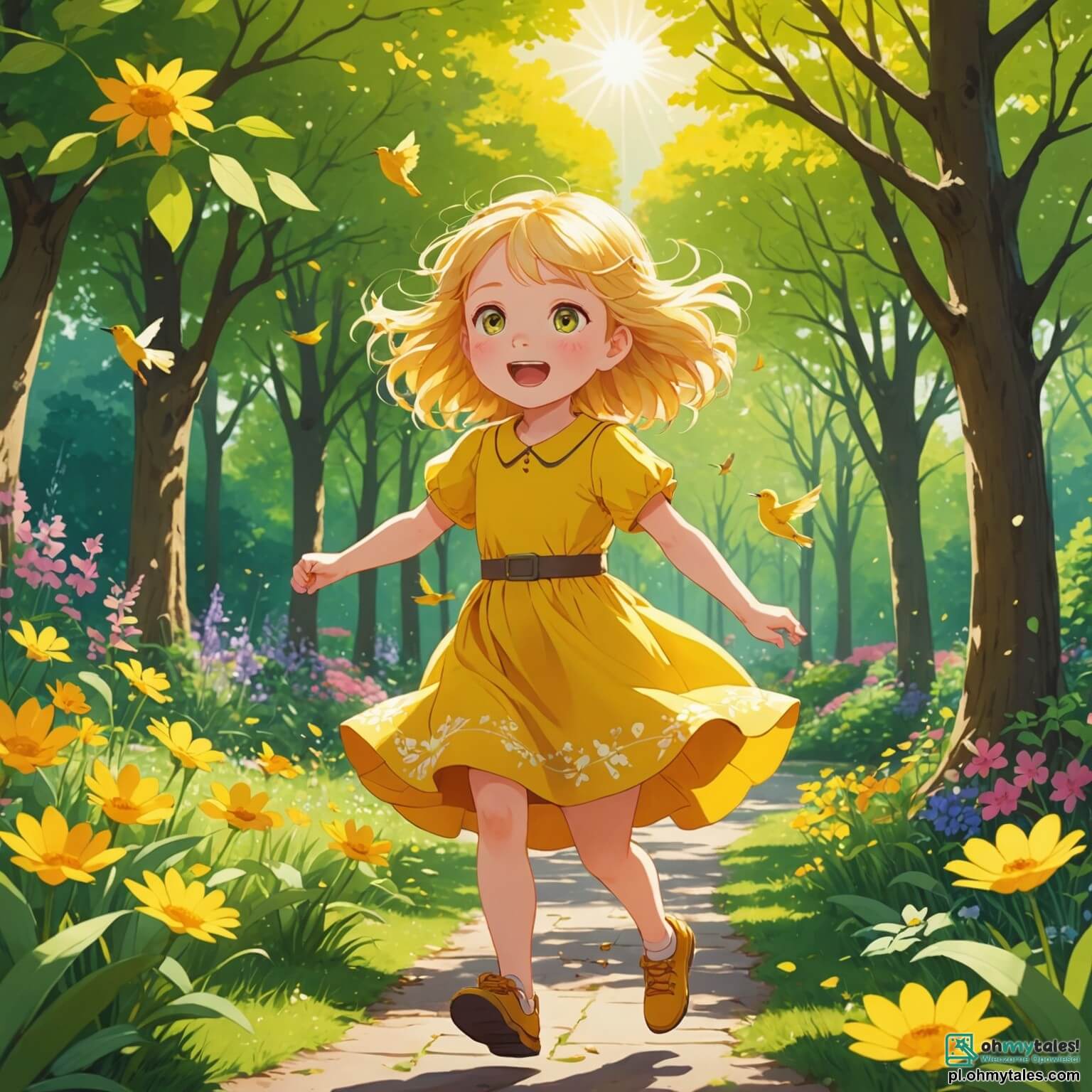 Une illustration destinée aux enfants représentant une petite fille aux cheveux dorés et aux yeux pétillants, vêtue d'une robe jaune éclatante comme les rayons du soleil, courant avec enthousiasme à travers un parc vibrant de couleurs printanières, où les fleurs multicolores dansent au gré du vent et où les arbres majestueux, ornés de feuilles fraîchement écloses, offrent un abri aux oiseaux chantants, tandis qu'elle est entourée de ses amis, un garçon espiègle à la casquette rouge et une fille aux tresses brunes, tous trois à la recherche d'un mystérieux trésor caché sous les branches d'un grand chêne, dans un coin ensoleillé de ce havre de paix où la nature s'éveille avec joie.