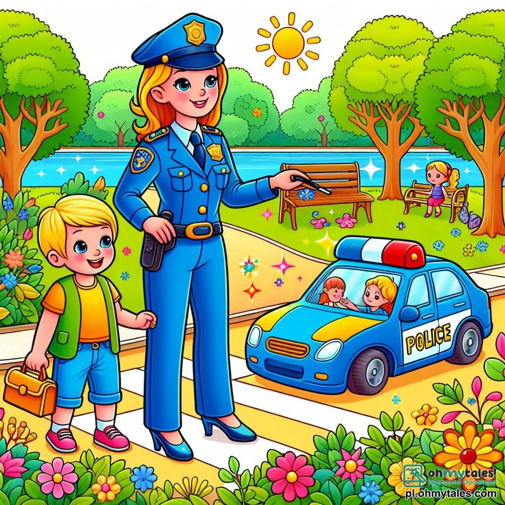 Une illustration sous forme de dessin destinée aux enfants représentant un parc ensoleillé avec des arbres verts et des fleurs colorées, où une femme policier au sourire chaleureux, portant un uniforme bleu et une casquette, montre à deux enfants, une fille aux cheveux blonds et un garçon aux cheveux bruns, comment traverser la rue en toute sécurité, tandis qu'un radiowóz brillant et coloré est garé à proximité, ajoutant une touche de magie à cette scène d'apprentissage et d'amitié.