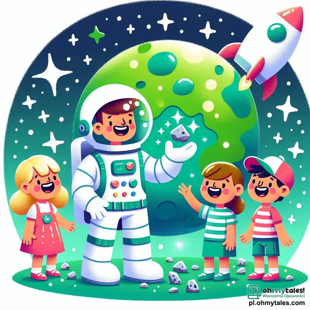 Une illustration sous forme de dessin destinée aux enfants représentant une planète colorée et verdoyante, avec un homme astronaute en scaphandre blanc, souriant et tenant des pierres scintillantes dans ses mains, entouré de trois enfants : une fille aux cheveux blonds et une robe rose, un garçon avec une casquette bleue et un t-shirt rouge, et une autre fille aux cheveux bruns et une salopette verte, tous émerveillés par les découvertes et riant ensemble, sous un ciel étoilé où une fusée argentée est visible en arrière-plan, symbolisant l'aventure et l'amitié.