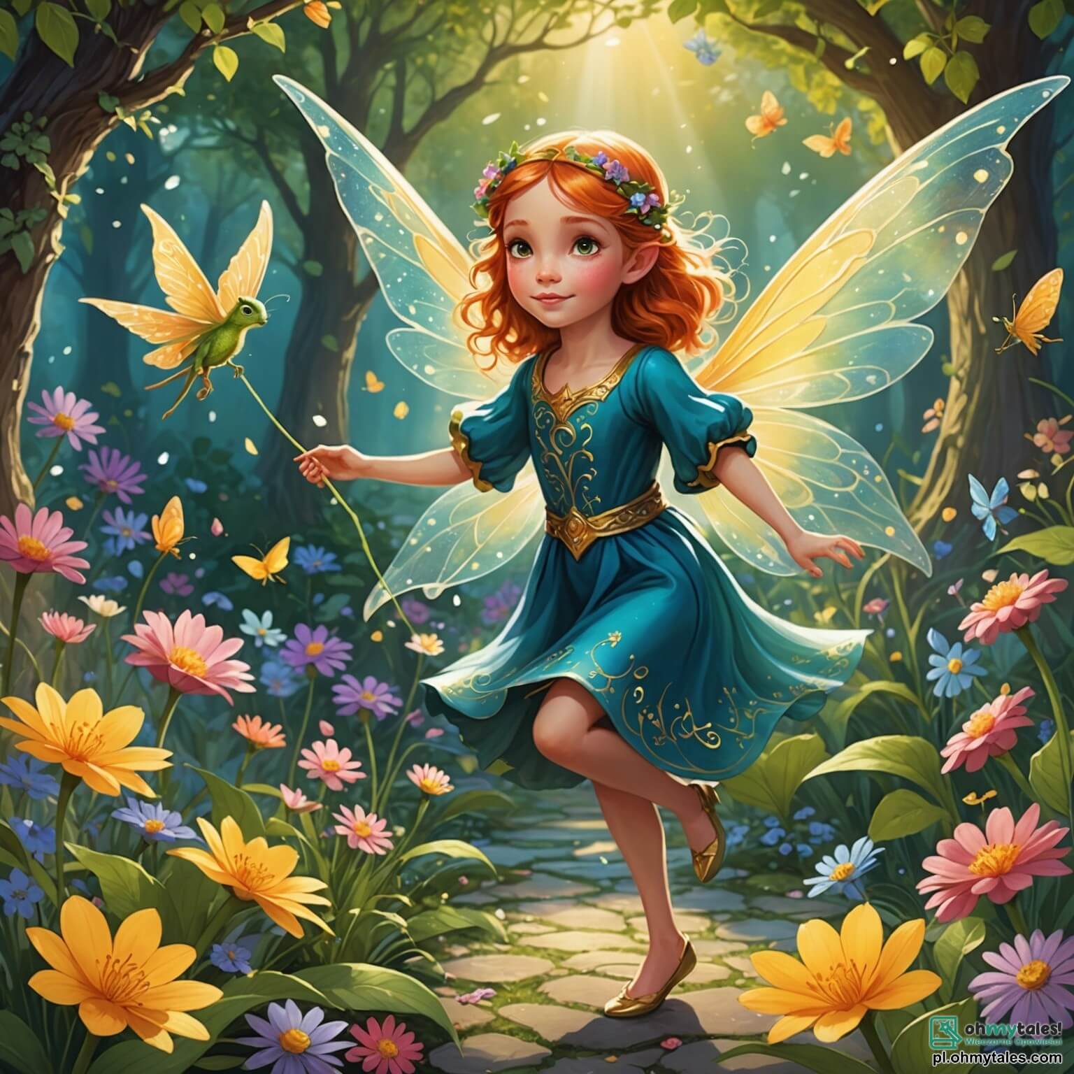 Une illustration destinée aux enfants représentant une délicate fée aux ailes scintillantes comme des gouttes de rosée au matin, flottant avec grâce dans un jardin enchanté où les fleurs aux couleurs éclatantes dansent au rythme d'une douce brise, tandis qu'elle cherche à sauver son royaume magique des griffes d'un sorcier maléfique, entourée de ses amis, un courageux petit dragon aux écailles dorées, qui crache des étincelles de lumière, et un sage hibou aux plumes argentées, tous deux masculins, dans un décor féerique où des arbres majestueux aux troncs tordus s'élèvent vers un ciel étoilé, illuminé par des lucioles qui brillent comme des étoiles filantes, créant une atmosphère à la fois mystérieuse et merveilleuse.