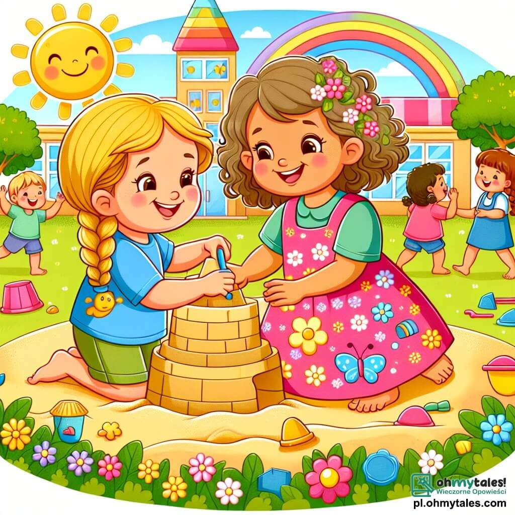 Une illustration sous forme de dessin destinée aux enfants représentant une cour d'école colorée et ensoleillée, où une petite fille de 3 ans aux cheveux bouclés et blonds, vêtue d'une robe rose avec des motifs de fleurs, sourit joyeusement en jouant dans le sable avec une autre petite fille aux cheveux bruns, portant une tresse et un t-shirt bleu, alors qu'elles construisent ensemble un château de sable, entourées de rires d'autres enfants et de jeux, symbolisant la joie de la rentrée des classes et la découverte de nouvelles amitiés.