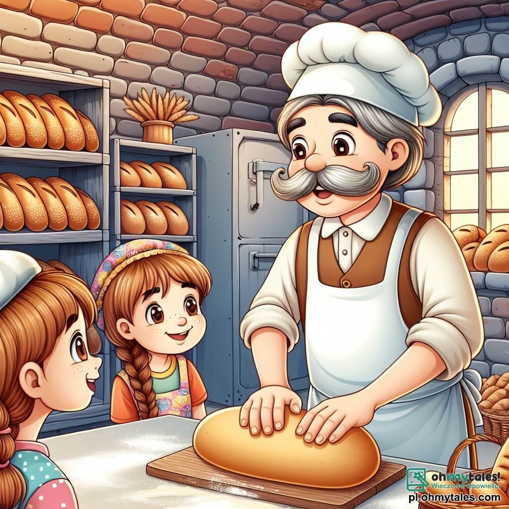 Une illustration sous forme de dessin destinée aux enfants représentant l'intérieur d'une charmante boulangerie avec des murs en briques et des étagères remplies de pains dorés, où un homme à la moustache grisonnante et au tablier blanc pétrit de la pâte avec un grand sourire, tandis que deux filles aux cheveux châtains, l'une portant une casquette et l'autre un tablier coloré, l'observent avec émerveillement, impatientes d'apprendre à faire du pain, le tout baigné dans une lumière chaleureuse et accueillante.