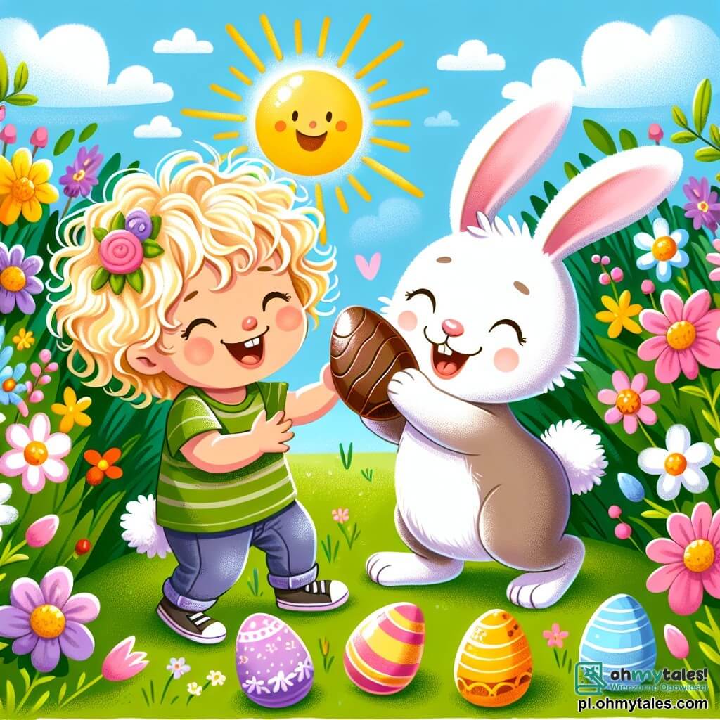 Une illustration sous forme de dessin destinée aux enfants représentant un jardin ensoleillé rempli de fleurs colorées, avec un garçon de 2 ans aux cheveux blonds et bouclés, souriant et tenant un œuf en chocolat dans ses petites mains, tandis qu'un joyeux petit lapin aux grandes oreilles et au pelage blanc s'approche de lui, tous deux partageant un moment de bonheur en dégustant des œufs en chocolat, entourés de quelques autres œufs colorés cachés dans l'herbe.