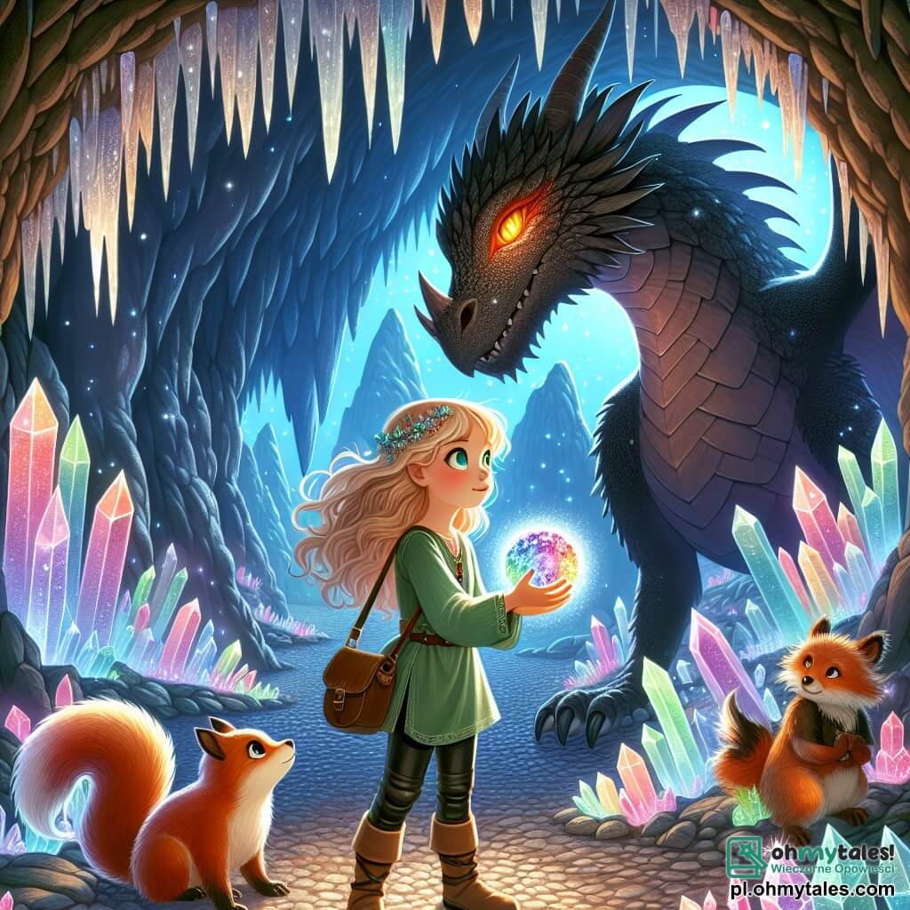 Ilustracja przedstawiająca magiczną scenę w jaskini położonej w sercu Smoczych Wzgórz. Ściany jaskini zdobione są błyszczącymi kryształami, które odbijają światło księżyca, tworząc bajkową atmosferę. W centrum jaskini stoi wielka sylwetka majestatycznego smoka o łuskach błyszczących jak diamenty, jego płonące oczy badają horyzont. Główną postacią jest młoda dziewczyna, mająca około 12 lat, z długimi złotymi włosami opadającymi na ramiona. Ma na sobie zieloną lnianą tunikę i skórzane spodnie, a jej oczy błyszczą odważną determinacją. Stoi przed smokiem, z dumnym i odważnym spojrzeniem, trzymając w rękach piękną kolorową kulę kryształową, gotowa wysłuchać mądrego smoka. Obok niej znajduje się mała magiczna istota, przypominająca mieszankę wiewiórki i lisa, z rudym futrem i żywymi oczami, która z ciekawością obserwuje scenę. Ta figlarna istota wydaje się być gotowa, by wspierać dziewczynę w jej misji. Główna sytuacja ukazuje dziewczynę napotykającą smoka w chwili napięcia i ekscytacji, gdy przygotowuje się do odpowiedzi na zagadki smoka, aby zdobyć magiczną kulę kryształową. W tle cienie tańczą na ścianach jaskini, dodając tajemniczości ilustracji. Promienie światła wydobywają się z kuli kryształowej, oświetlając zdeterminowaną twarz dziewczyny i mądry wzrok smoka.