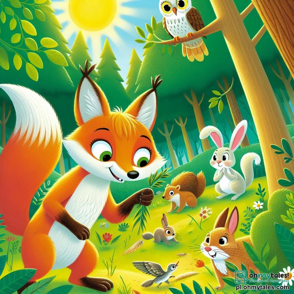 Une illustration sous forme de dessin destinée aux enfants représentant une clairière ensoleillée au cœur d'une forêt verdoyante, où un renard au pelage doré et aux yeux malicieux scrute attentivement le sol, tenant dans sa patte une petite opaska ornée de plumes, tandis qu'autour de lui, une wiewiórka aux yeux vifs et un lapin aux grandes oreilles s'agitent avec inquiétude, cherchant des indices sur la disparition de leur amie, la sage chouette, dans une atmosphère de mystère et d'aventure.
