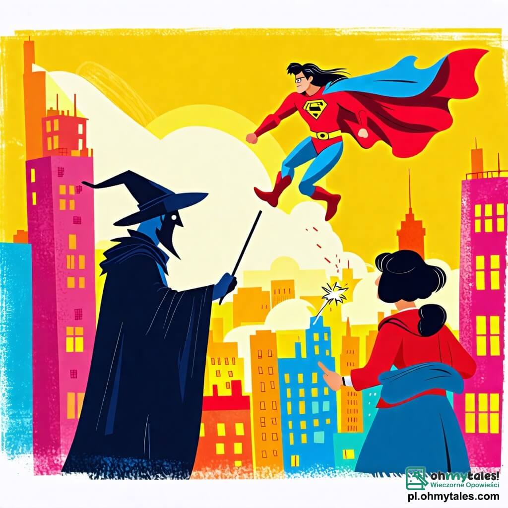 Une illustration sous forme de dessin destinée aux enfants représentant une scène colorée dans un ville ensoleillée avec des bâtiments aux couleurs vives, où un homme super-héros aux cheveux longs et brillants, vêtu d'un costume rouge et d'une cape bleue, vole dans les airs en défiant un sorcier maléfique, un homme à la silhouette sombre et à la robe noire, qui brandit une baguette magique, tandis qu'une policière courageuse, une femme aux cheveux courts et portant un uniforme bleu, observe avec détermination, prête à aider à sauver la ville du chaos.