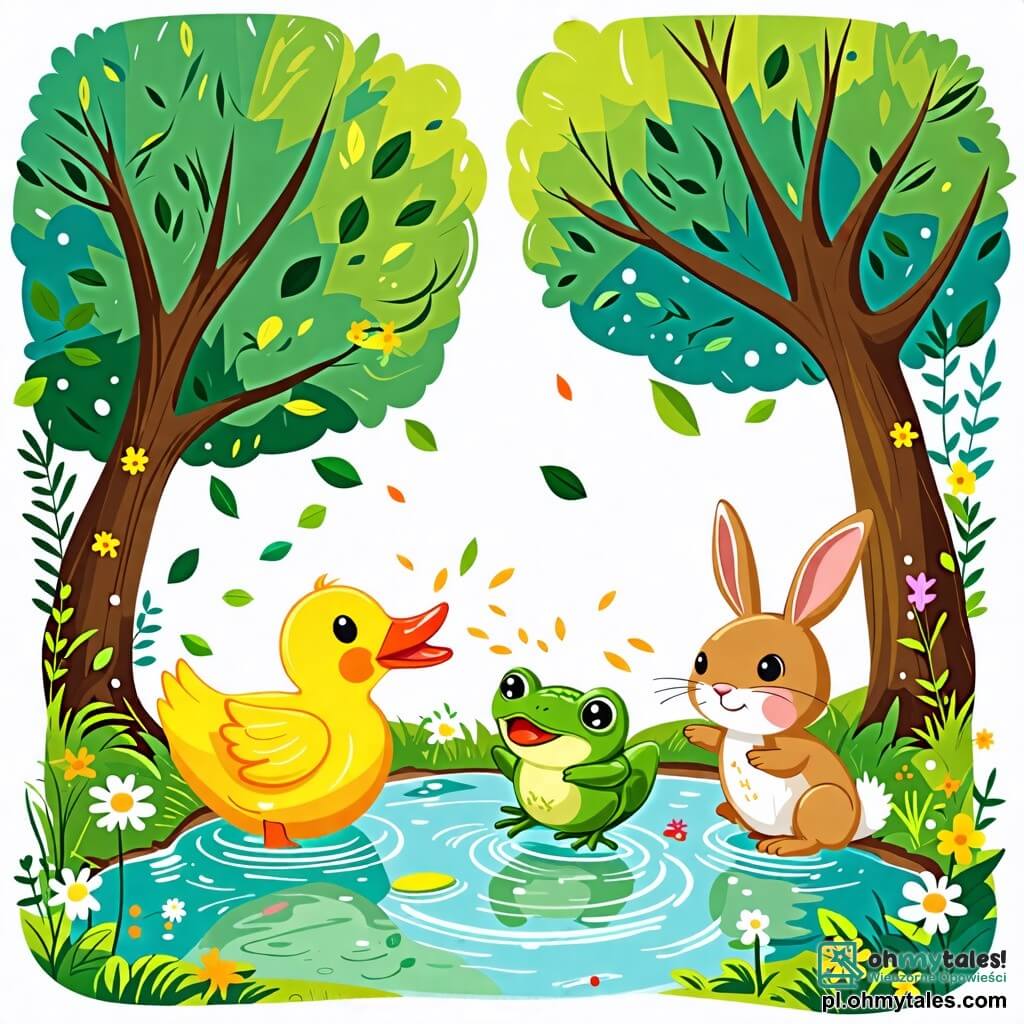 Une illustration sous forme de dessin destinée aux enfants représentant un parc verdoyant avec des arbres colorés et un étang scintillant, où un canard joyeux aux plumes jaunes et au bec orange nage avec enthousiasme, tandis qu'une grenouille verte aux grands yeux ronds saute de feuille en feuille et un petit lapin aux grandes oreilles blanches court sur l'herbe, tous trois s'amusant ensemble après avoir découvert une mystérieuse et brillante petite créature aquatique qui pourrait exaucer leurs vœux.
