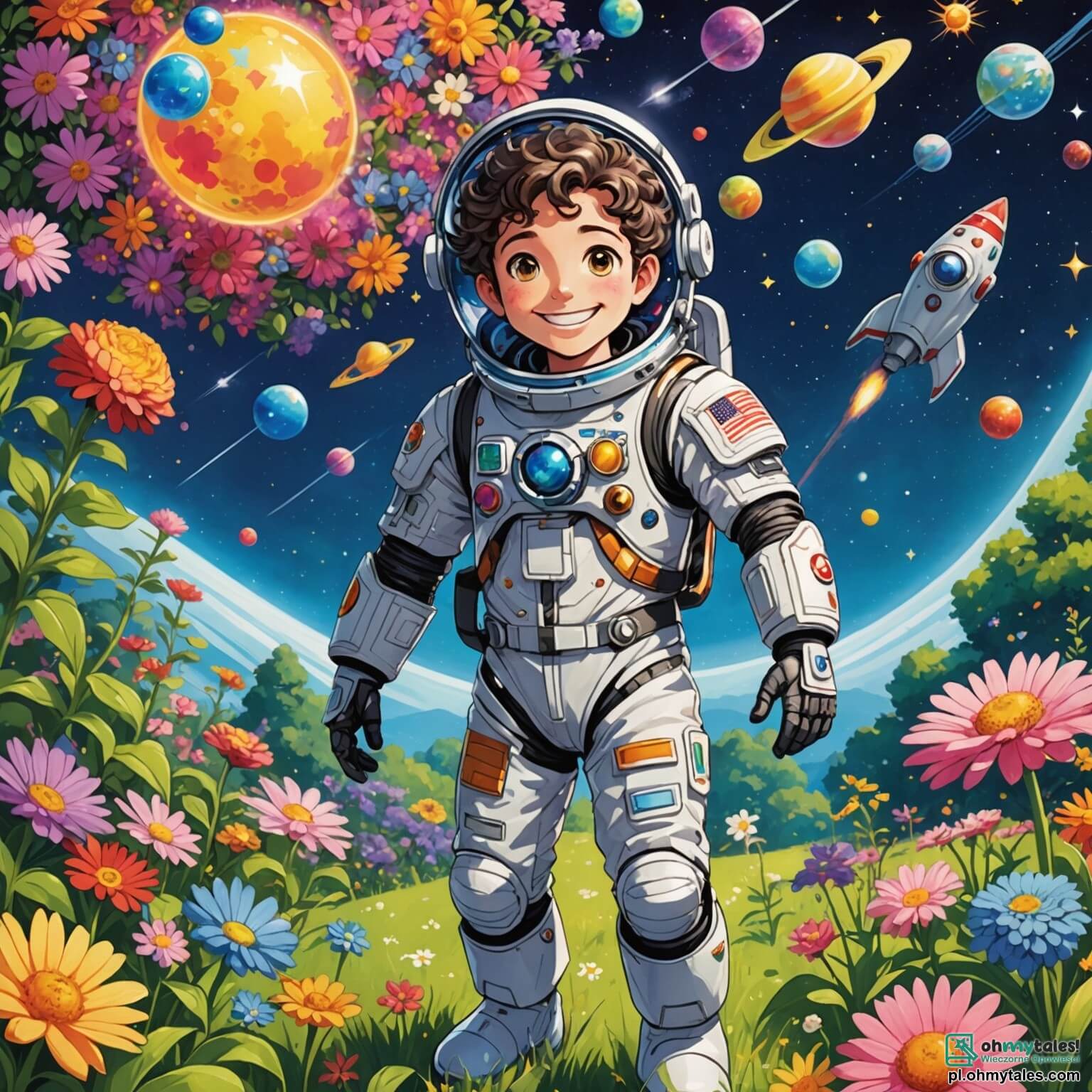 Une illustration destinée aux enfants représentant un homme au sourire éclatant et aux yeux pétillants de curiosité, vêtu d'une combinaison spatiale scintillante ornée de patchs colorés, flottant joyeusement dans un vaste jardin rempli de fleurs multicolores et de jouets en forme de fusées, où il partage sa passion pour l'espace avec un groupe d'enfants émerveillés, dont une fille aux cheveux bouclés et un garçon aux lunettes, tous deux captivés par les histoires fascinantes de voyages interstellaires et de rencontres avec des extraterrestres, le tout se déroulant sous un ciel azur parsemé de nuages cotonneux et de cerfs-volants virevoltant dans le vent.