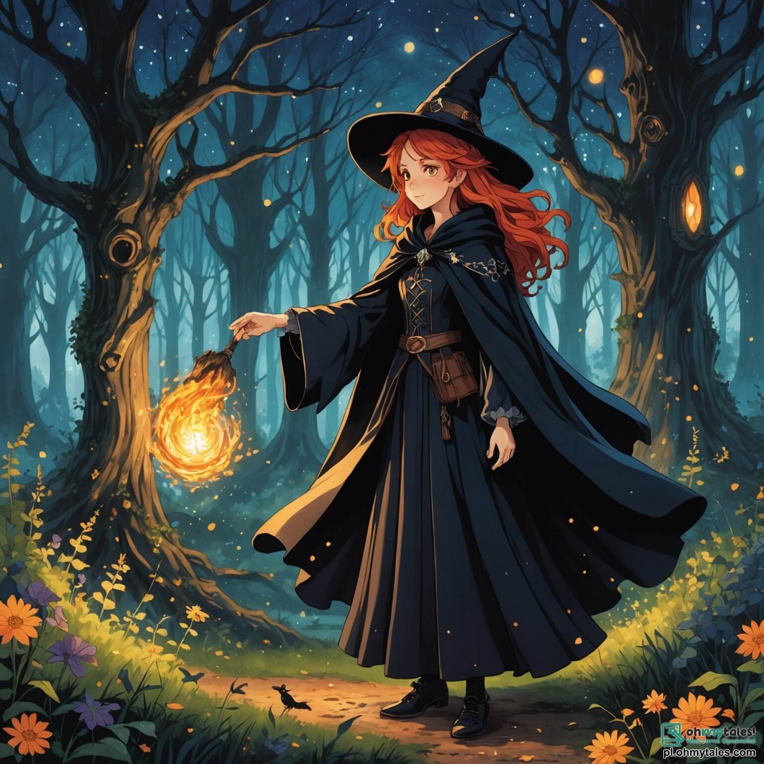 Une illustration destinée aux enfants représentant une apprentie sorcière aux cheveux flamboyants, vêtue d'une robe étoilée, qui se tient au bord d'une clairière enchantée, entourée d'arbres aux troncs tordus et de fleurs luminescentes, alors qu'elle s'apprête à réaliser un sort pour le grand concours de magie, tandis qu'un jeune garçon rival, aux yeux malicieux et à la cape noire, observe d'un coin sombre, prêt à déjouer ses plans.