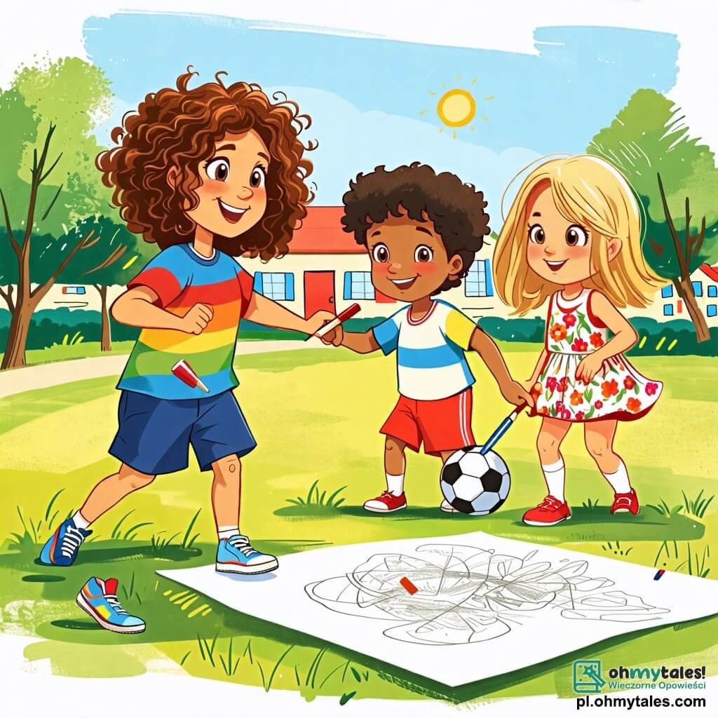 Une illustration sous forme de dessin destinée aux enfants représentant une cour d'école ensoleillée, où une fille de 8 ans aux cheveux bruns et bouclés, portant un t-shirt coloré et un short, est en train de dessiner avec enthousiasme sur un grand morceau de papier, entourée de ses camarades : un garçon aux cheveux blonds et aux yeux pétillants, qui joue au football, et une fille aux cheveux noirs et lisses, vêtue d'une robe à fleurs, qui l'encourage en souriant, illustrant ainsi la joie de la diversité et de l'amitié dans un moment de créativité et de partage.