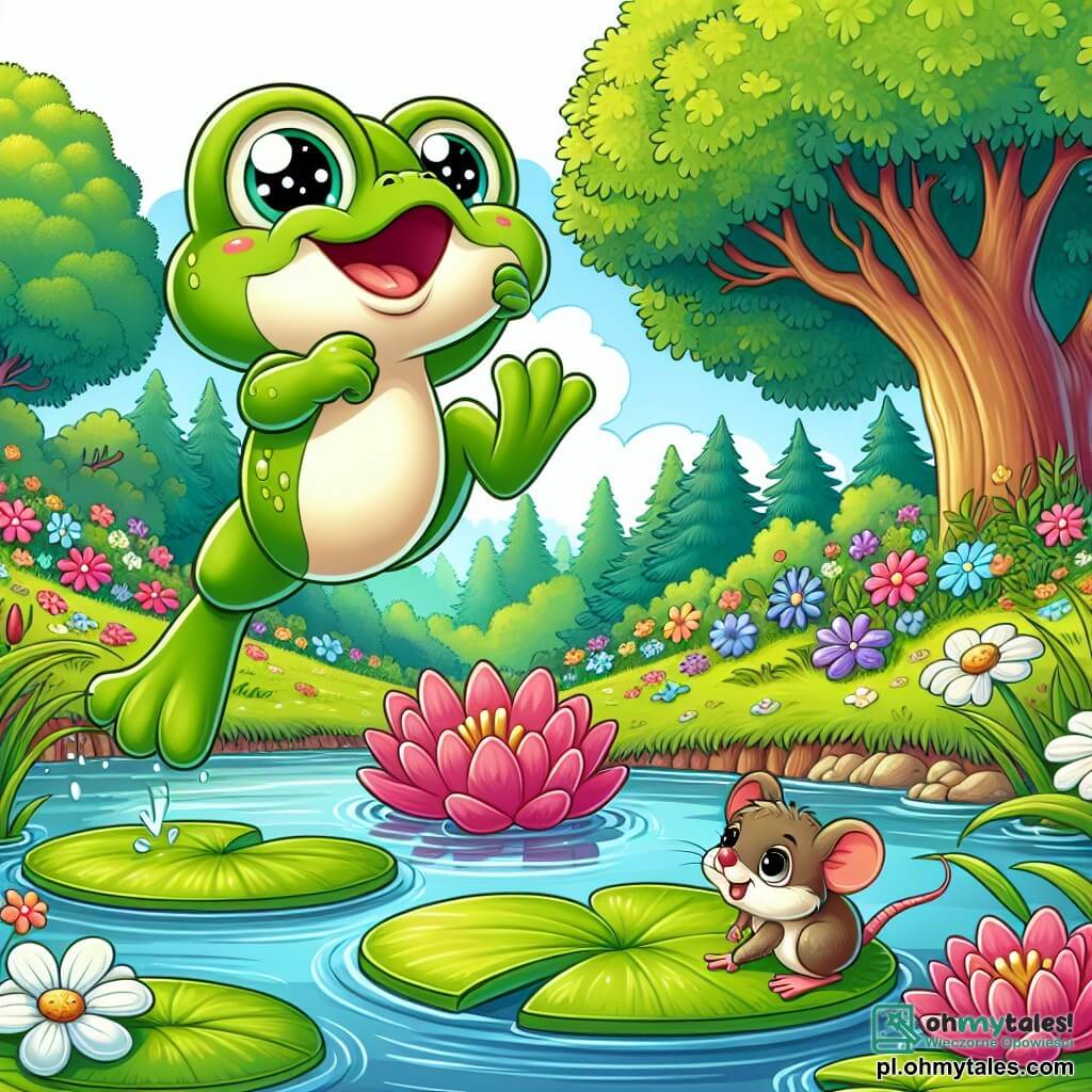 Une illustration sous forme de dessin destinée aux enfants représentant un paisible étang entouré de fleurs colorées et de grands arbres verdoyants, où une petite grenouille verte aux yeux pétillants et au sourire joyeux saute avec enthousiasme sur une feuille de nénuphar, tandis qu'une petite souris brune aux grandes oreilles l'observe avec curiosité depuis le bord de l'eau, capturant l'instant où la grenouille, pleine de courage, se lance dans une nouvelle aventure pour découvrir le monde au-delà de son étang.