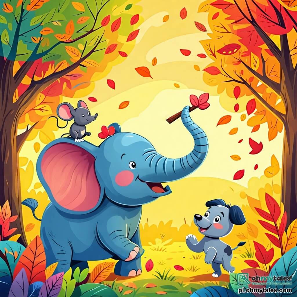 Une illustration sous forme de dessin destinée aux enfants représentant un coloré et ensoleillé forêt avec des arbres aux feuilles éclatantes, au centre un éléphant joyeux avec une grande trompe et des oreilles larges, levant sa trompe pour attraper un gros bâton qui vole dans les airs, tandis qu'un petit chien aux poils frisés court en rond avec enthousiasme et une petite souris grise, perchée sur le dos de l'éléphant, pointe du doigt le bâton, le tout dans une ambiance ludique et amicale, illustrant un moment de jeu et de camaraderie entre les animaux.
