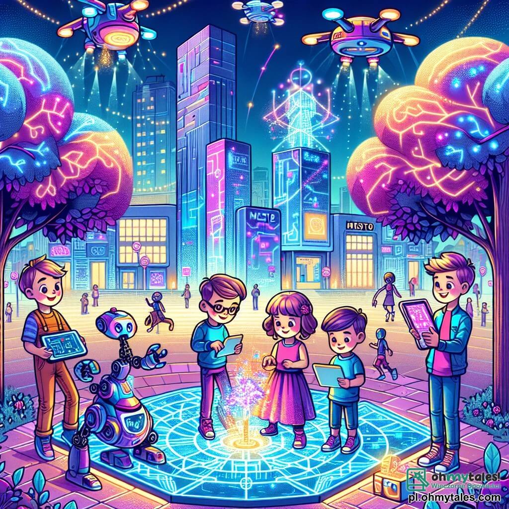 Une illustration sous forme de dessin destinée aux enfants représentant un parc futuriste de la ville de Mesto, avec des arbres aux feuilles luminescentes et des hologrammes flottants, où un groupe d'enfants de 7 ans, composé de deux garçons aux cheveux bruns et courts, l'un portant des lunettes, et de deux filles, l'une avec de longs cheveux bouclés et l'autre tenant un petit robot, s'affairent joyeusement autour d'une plateforme brillante, en train de programmer un robot coloré qui danse et s'agite, tandis que des drones survolent la scène, ajoutant une touche de magie à leur aventure technologique.