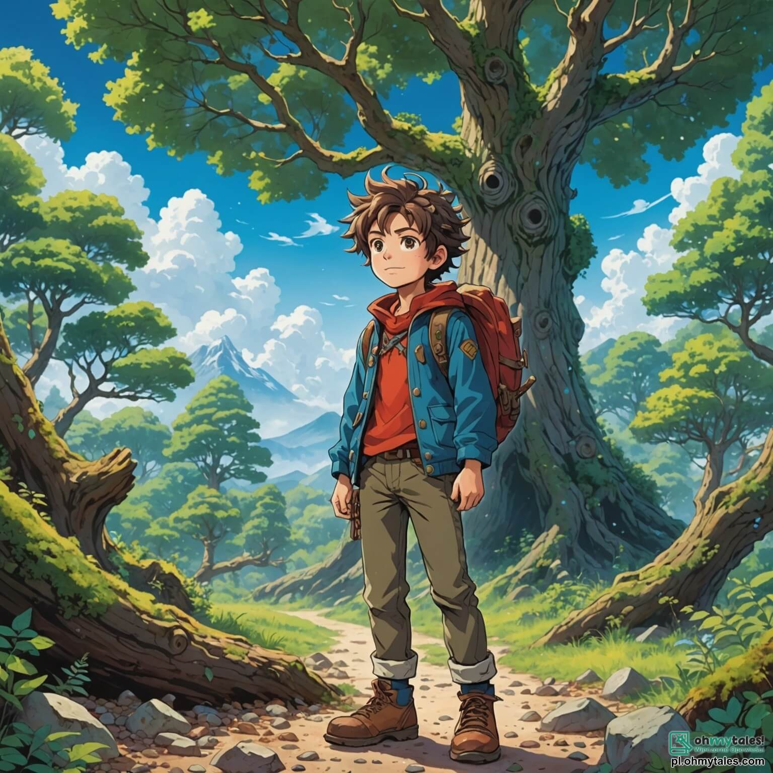 Une illustration destinée aux enfants représentant un courageux petit garçon aux cheveux ébouriffés, vêtu de vêtements usés mais colorés, se tenant au milieu d'une forêt enchantée où les arbres majestueux aux troncs noueux s'élèvent vers un ciel azur parsemé de nuages cotonneux, tandis qu'il scrute avec détermination le sentier parsemé de cailloux scintillants qui l'a conduit à une clairière magique, où l'attendent ses quatre sœurs aux robes fleuries, chacune portant des paniers remplis de douceurs et de trésors, tandis qu'un ogre aux yeux perçants et à la peau rugueuse se cache dans l'ombre, prêt à semer le chaos dans leur quête pour retrouver leur chemin vers la maison.