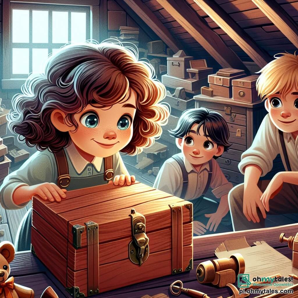 Une illustration sous forme de dessin destinée aux enfants représentant un vieux strych poussiéreux rempli de boîtes en bois et de jouets anciens, où une fille de 9 ans aux cheveux bouclés et aux yeux pétillants explore avec curiosité une mystérieuse boîte en bois, tandis qu'à ses côtés, deux amis, un garçon aux cheveux châtains et une fille aux cheveux blonds, l'observent avec émerveillement, tous trois découvrant ensemble des trésors oubliés, symbole de leur amitié et de leur esprit d'aventure.