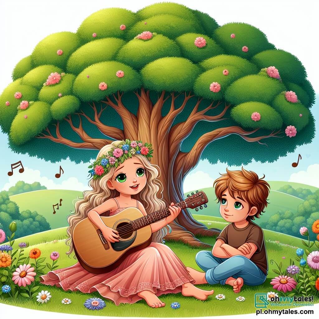 Une illustration sous forme de dessin destinée aux enfants représentant un grand chêne majestueux sur une colline verdoyante, où une fille de 11 ans aux longs cheveux dorés et aux yeux pétillants, assise sur l'herbe, joue de la guitare en chantant doucement, tandis qu'un garçon de son âge, aux cheveux bruns et au sourire chaleureux, l'écoute attentivement, entourés de fleurs colorées et de souvenirs flottants en arrière-plan, symbolisant l'amour et la mémoire d'un être cher disparu.