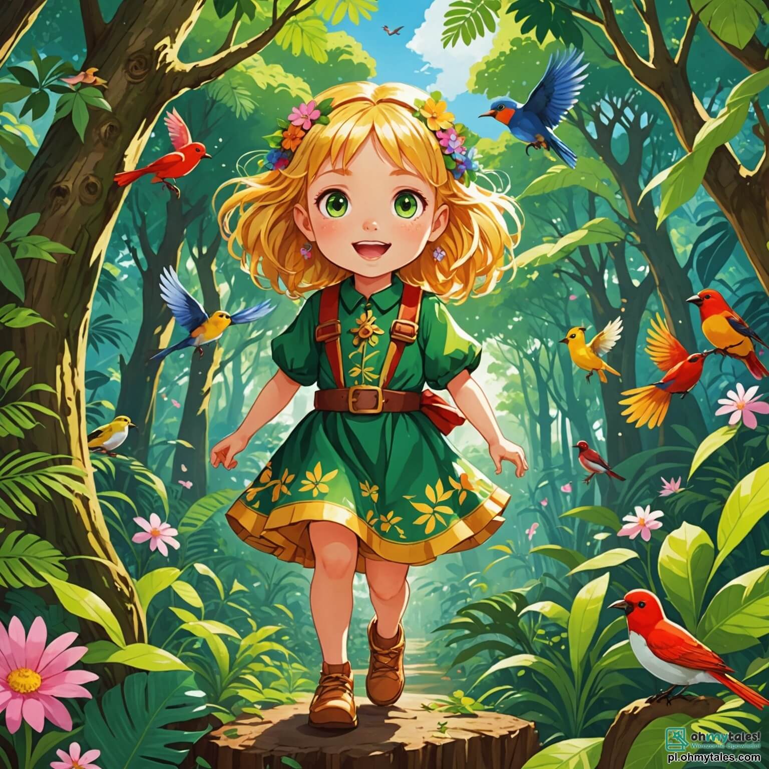 Une illustration destinée aux enfants représentant une petite fille aux cheveux dorés et aux yeux pétillants, vêtue d'une robe colorée ornée de fleurs, qui, pleine de courage et de curiosité, se lance dans une aventure palpitante à travers une densa et vibrante d jungle luxuriante, où des arbres majestueux aux troncs épais s'élèvent vers le ciel, leurs feuilles brillantes formant un toit verdoyant, tandis que des oiseaux aux plumages éclatants chantent joyeusement au-dessus d'elle, accompagnée de ses deux fidèles amis : un garçon intrépide aux cheveux bruns et un autre garçon astucieux à la casquette, tous trois déterminés à sauver les animaux en détresse qu'ils rencontrent dans ce monde magique et mystérieux, rempli de couleurs éclatantes et de sons enchanteurs.