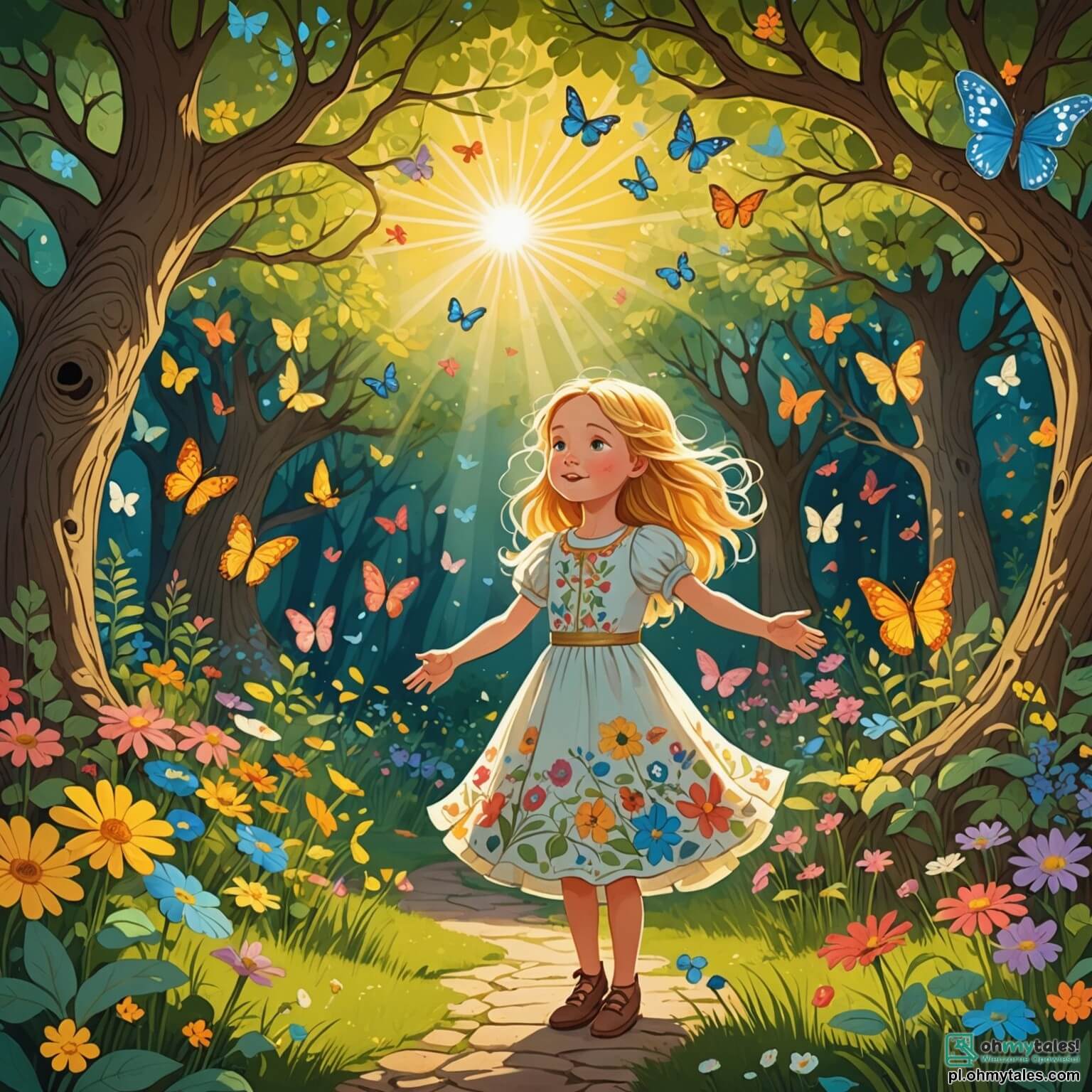Une illustration destinée aux enfants représentant une petite fille aux cheveux dorés comme les rayons du soleil, vêtue d'une robe légère aux motifs de fleurs colorées, se tenant au milieu d'un jardin enchanté où les fleurs dansent au rythme du vent, entourée de papillons multicolores et d'un vieux chêne majestueux aux branches étendues comme des bras accueillants, tandis qu'elle découvre avec émerveillement un mystérieux lapin au pelage blanc comme la neige, qui lui parle de la beauté de l'amour et de l'amitié, le tout baigné dans une lumière douce et dorée d'un après-midi d'été, où chaque coin du jardin semble murmurer des secrets de sagesse et de bonheur.