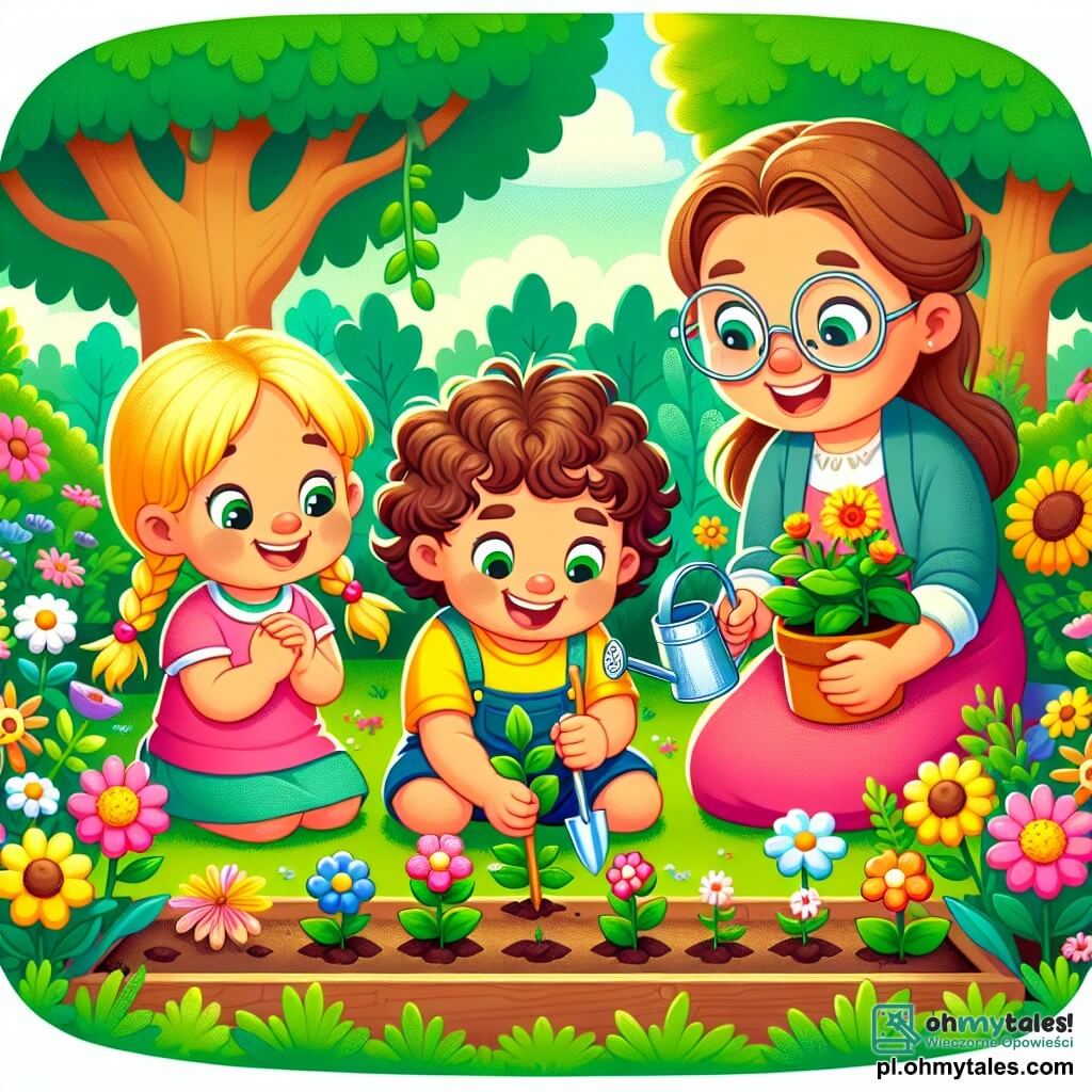 Une illustration sous forme de dessin destinée aux enfants représentant un jardin en pleine floraison, avec des fleurs colorées et des arbres verdoyants, où un garçon de 3 ans aux cheveux bruns et bouclés, portant une t-shirt jaune et un short bleu, s'agenouille joyeusement pour planter des graines, tandis qu'une petite fille aux cheveux blonds tressés, habillée d'une robe rose, l'observe avec émerveillement, et une enseignante souriante aux lunettes rondes les encourage à prendre soin de leur jardin, symbolisant la magie du printemps et l'importance de la nature.