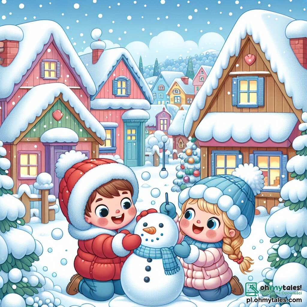 Une illustration sous forme de dessin destinée aux enfants représentant un charmant village enneigé avec des maisons colorées et des arbres recouverts de neige, où un garçon de 5 ans aux cheveux bruns et aux joues roses, vêtu d'une puffy jacket rouge, s'amuse à faire un bonhomme de neige avec une fille aux cheveux blonds tressés, portant un bonnet bleu, tandis qu'ils rient et rassemblent des boules de neige pour créer leur chef-d'œuvre, le tout sous un ciel bleu clair parsemé de flocons de neige tombants.