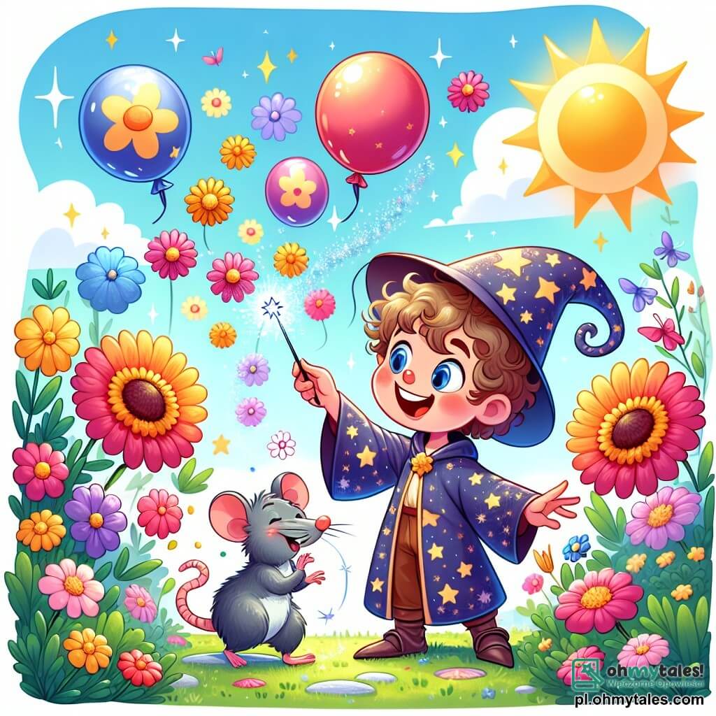 Une illustration sous forme de dessin destinée aux enfants représentant un jardin enchanté rempli de fleurs colorées flottant dans les airs comme des ballons, où un jeune sorcier aux cheveux bouclés et à la robe étoilée, tenant une baguette scintillante, s'amuse à transformer des fleurs en ballons, tandis qu'un petit rat gris aux yeux malicieux, vêtu d'un mini chapeau de magicien, danse joyeusement à ses pieds, le tout sous un ciel ensoleillé et joyeux, illustrant un moment de magie et de rires dans un monde fantastique.