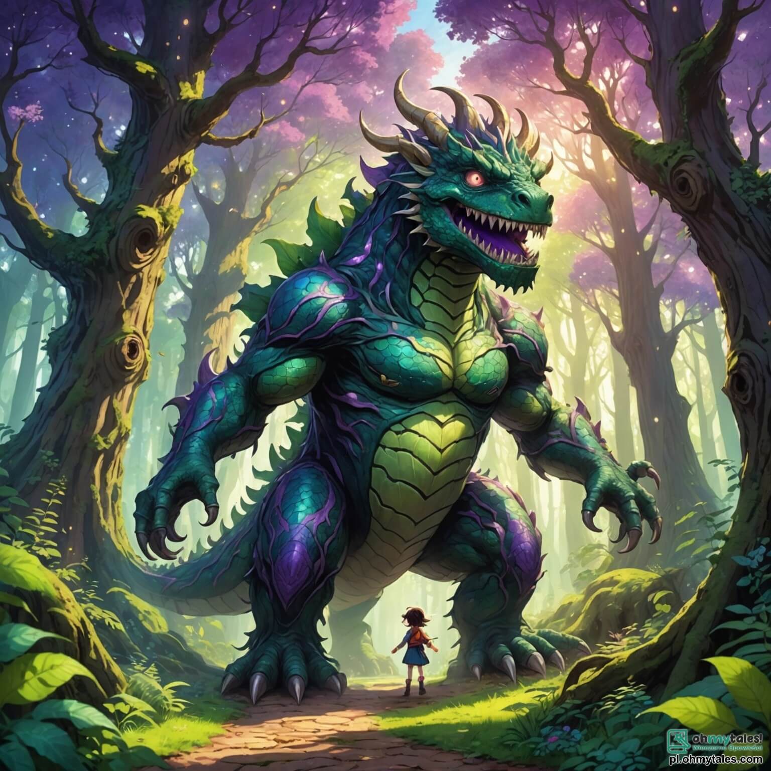 Une illustration destinée aux enfants représentant un énorme monstre à la peau écailleuse d'un vert éclatant, avec des yeux violets pétillants de curiosité et un sourire bienveillant, se tenant au cœur d'une forêt enchantée où les arbres majestueux, aux troncs noueux et aux feuilles scintillantes, s'élèvent vers le ciel comme des géants protecteurs, tandis que des rayons de soleil dansent à travers le feuillage, illuminant un petit chemin sinueux bordé de fleurs multicolores, où une petite fille au regard émerveillé, aux cheveux dorés et à la robe rose, s'aventure avec un mélange d'excitation et d'appréhension, cherchant à retrouver son chemin vers sa maison tout en se liant d'amitié avec ce monstre doux et protecteur, tandis qu'une espiègle petite fée aux ailes translucides et scintillantes, à la voix douce et mélodieuse, les observe de loin, prête à les aider dans leur quête.