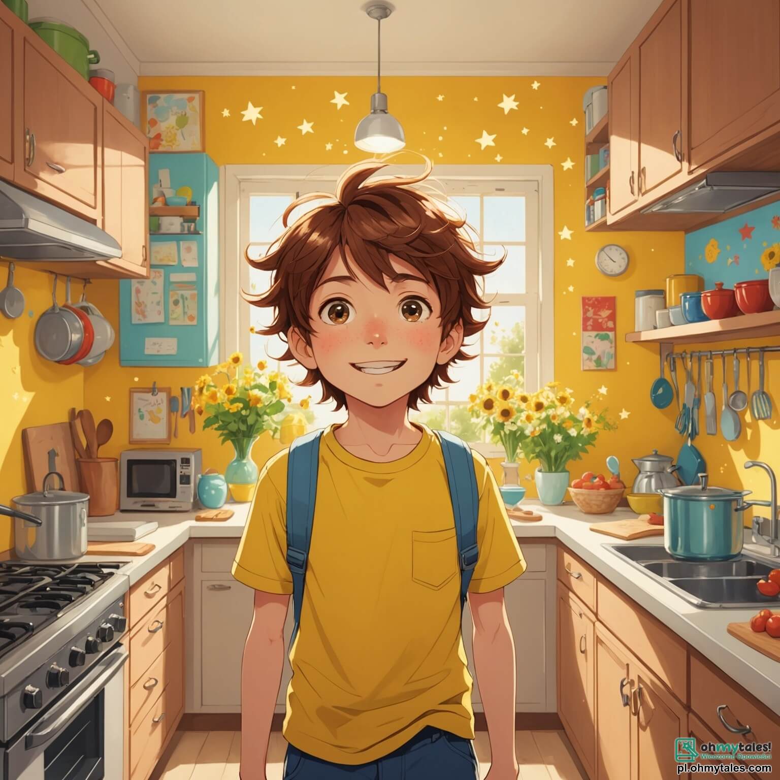Une illustration destinée aux enfants représentant un garçon pétillant d'énergie et d'imagination, aux cheveux châtains en bataille et aux yeux brillants comme des étoiles, se tenant dans une cuisine ensoleillée aux murs jaunes ornés de dessins colorés, où il s'affaire avec détermination à préparer une surprise pour sa maman bien-aimée, une femme douce et attentionnée aux longs cheveux bruns et au sourire chaleureux, tandis que des rayons de lumière filtrent à travers les rideaux à fleurs, illuminant un coin de la pièce où trône une table en bois chargée de délicieuses crêpes et d'un robot transformé en vase, symbole de son amour et de sa créativité, dans un petit village paisible où chaque jour est une nouvelle aventure.
