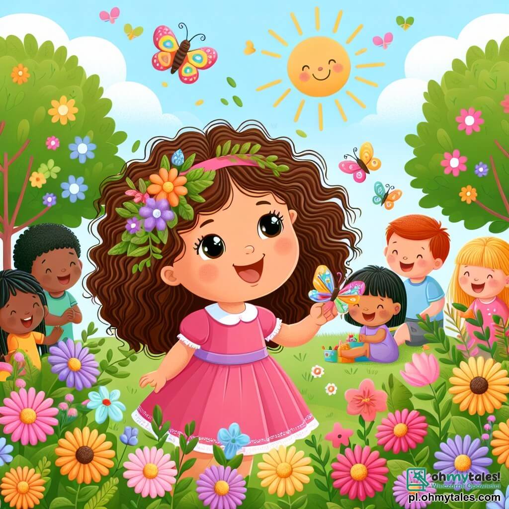 Une illustration sous forme de dessin destinée aux enfants représentant un jardin ensoleillé, rempli de fleurs colorées et d'arbres verdoyants, où une petite fille de 2 ans aux cheveux bouclés et aux yeux pétillants, vêtue d'une robe rose, sourit joyeusement en jouant avec un petit motyl aux ailes éclatantes, tandis qu'un groupe d'enfants aux visages souriants les entoure, partageant des jouets et riant ensemble, illustrant ainsi la magie de la gentillesse et de l'amitié.