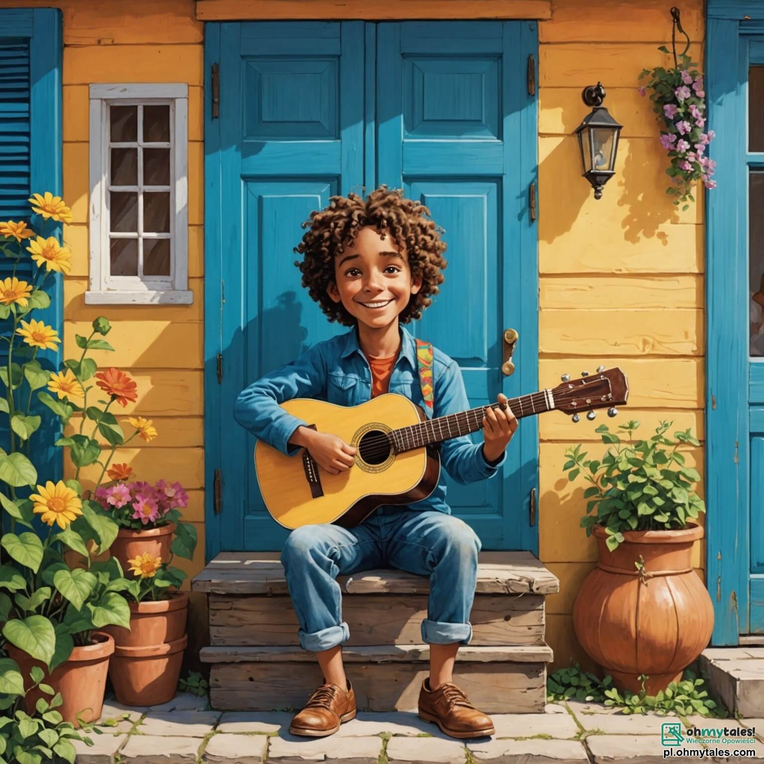 Une illustration destinée aux enfants représentant un homme au sourire chaleureux, avec des cheveux bouclés et une guitare en bois usée, assis sur le seuil de sa maison colorée aux volets bleus, entouré de deux enfants pétillants de curiosité, une fille aux tresses dorées et un garçon aux yeux pétillants, alors qu'ils rêvent ensemble de devenir des musiciens célèbres dans leur petit village ensoleillé, où les maisons sont ornées de fleurs éclatantes et où l'air est rempli des doux échos de la musique qui s'échappe des fenêtres ouvertes, créant une atmosphère joyeuse et pleine de promesses.