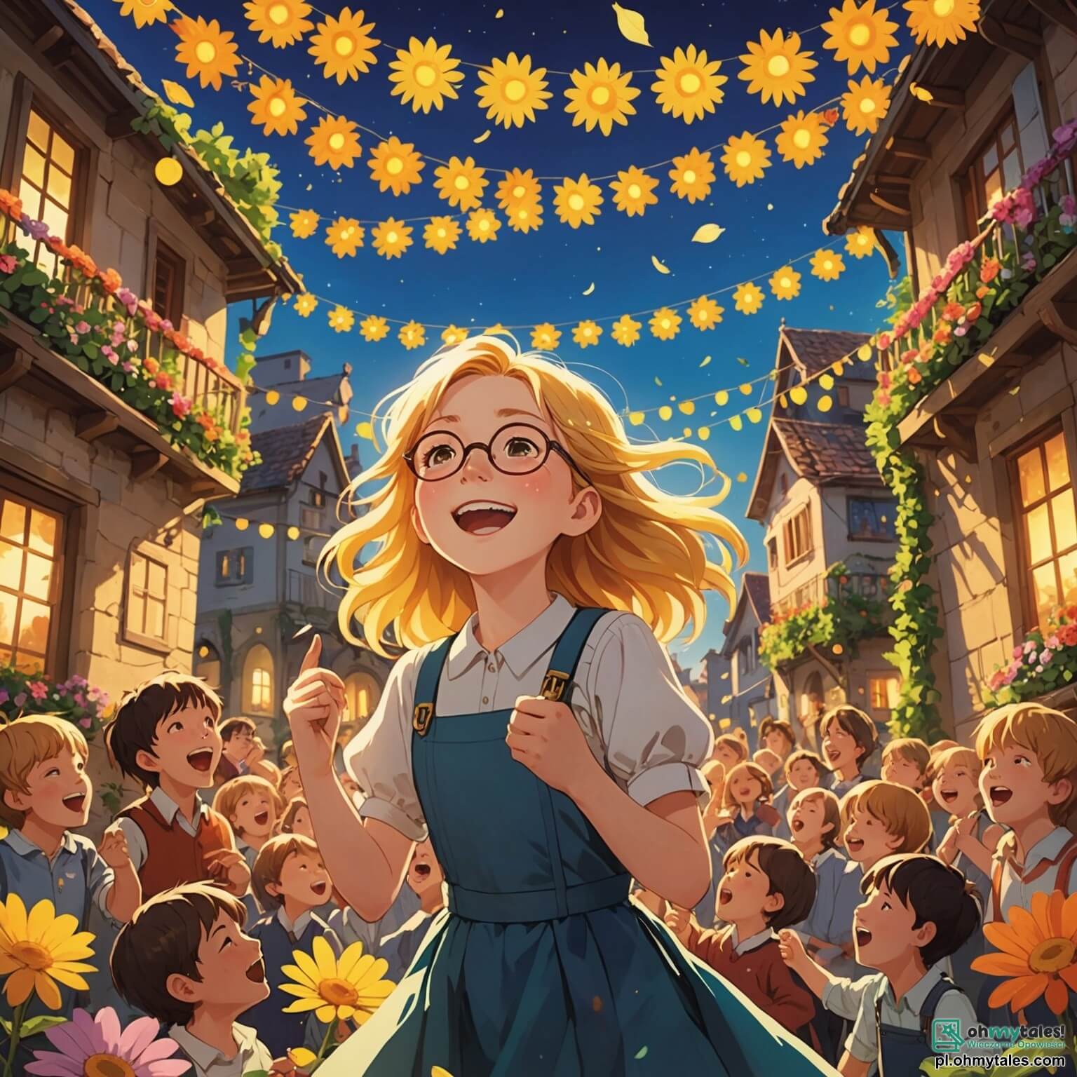 Une illustration destinée aux enfants représentant une jeune femme aux cheveux dorés comme les rayons du soleil, chantant avec passion sur une scène colorée entourée de fleurs éclatantes et de guirlandes lumineuses, tandis qu'un garçon aux lunettes rondes et aux cheveux ébouriffés l'encourage depuis les coulisses, le tout se déroulant dans un charmant petit village où les rires des enfants et les notes de musique flottent dans l'air comme des papillons.
