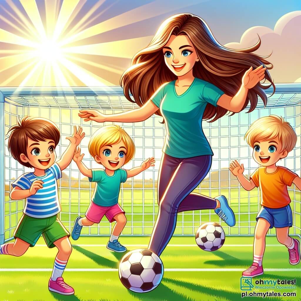 Une illustration sous forme de dessin destinée aux enfants représentant un terrain de football ensoleillé, avec une femme athlétique aux cheveux longs et bruns, portant un maillot de football coloré, montrant aux enfants comment tirer au but, tandis qu'un garçon aux cheveux blonds et un autre garçon aux cheveux châtains, tous deux souriants et vêtus de t-shirts, s'entraînent avec enthousiasme en essayant de marquer des buts, le tout dans une ambiance joyeuse et dynamique, illustrant l'esprit d'équipe et le plaisir du jeu.