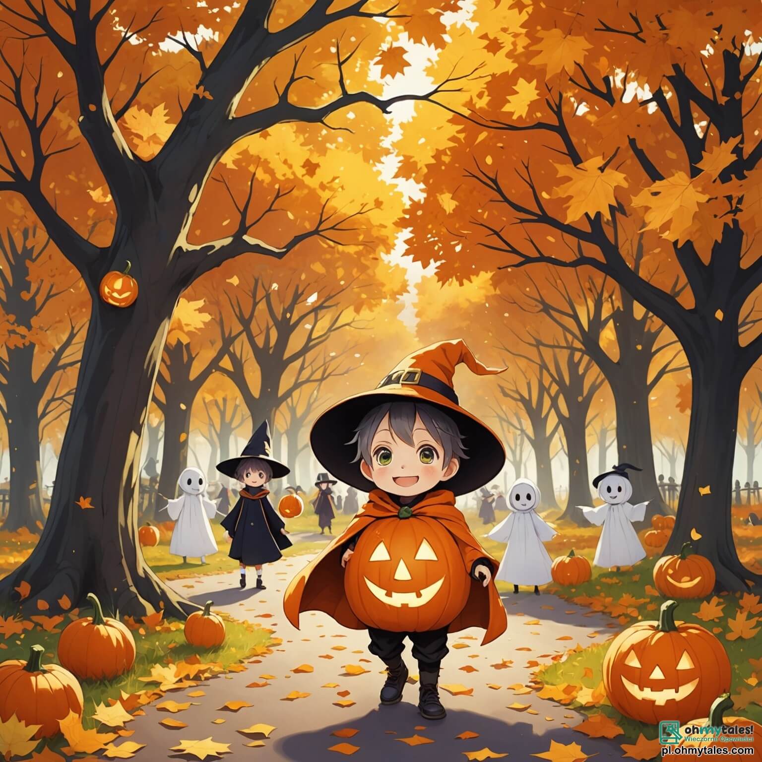 Une illustration destinée aux enfants représentant un petit garçon aux yeux pétillants de curiosité, vêtu d'un costume de potiron éclatant, se tenant au milieu d'un parc mystérieux, où les arbres aux feuilles dorées dansent sous le souffle du vent d'automne, tandis qu'un groupe d'enfants, déguisés en sorcières et fantômes, s'amuse à ramasser des bonbons, et où un gentil esprit translucide, flottant avec une douce lumière, les invite à partager des rires et des friandises dans une atmosphère enchantée, pleine de mystère et de joie, alors que la lune brille comme un phare argenté dans le ciel étoilé.