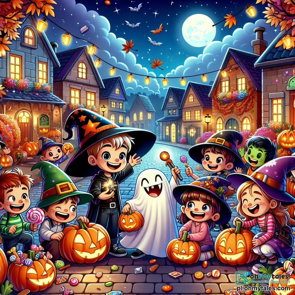 Ilustracja przedstawiająca magiczną scenę Halloween na ruchliwej ulicy małej wioski. Domy są ozdobione lampionami w kształcie uśmiechniętych dyni i świecącymi pajęczynami, podczas gdy kolorowe liście jesieni tańczą na wietrze. Na środku obrazu stoi chłopiec w wieku około 8 lat, ubrany w kostium czarodzieja z dużym stożkowym kapeluszem i świecącą różdżką, uśmiechający się z entuzjazmem. Obok niego stoi dziewczynka w wieku około 7 lat, przebrana za ducha w białym prześcieradle z błyszczącymi oczami, podnosząca ręce w górę, gotowa do zabawy. W tle inne dzieci, chłopiec w wieku 9 lat w kostiumie wampira i dziewczynka w wieku 6 lat w kostiumie czarownicy, śmieją się i chowają za dużą dynią, bawiąc się w chowanego. Scena emanuje radosną i świąteczną atmosferą, wypełnioną śmiechem i przyjaźnią, z migoczącymi gwiazdami na nocnym niebie. Kolorowe cukierki i dekoracje Halloween, takie jak nietoperze i czarne koty, dodają magii tej niezapomnianej nocy.