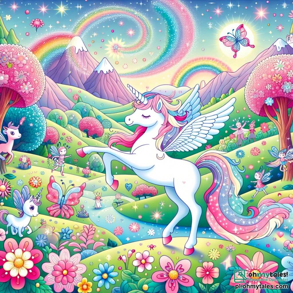 Une illustration sous forme de dessin destinée aux enfants représentant une magnifique vallée enchantée, remplie de fleurs colorées et d'arbres scintillants, où une élégante licorne blanche à la crinière rose et bleue, avec un corne doré brillant, danse joyeusement au milieu des pétales, tandis qu'un groupe de petits animaux fantastiques, comme des fées aux ailes scintillantes et des petits dragons aux écailles multicolores, l'observe avec émerveillement, tous réunis pour célébrer leur amitié et préparer une grande fête dans ce monde magique.