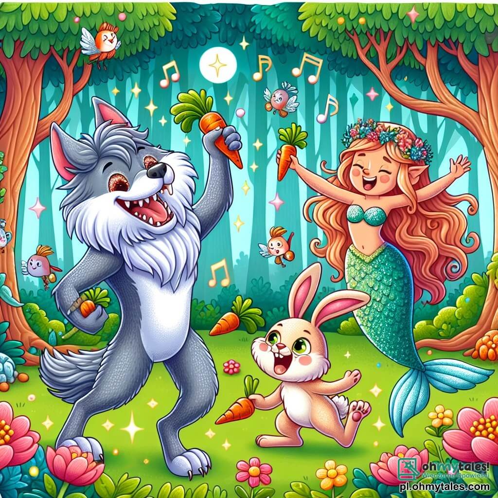 Une illustration sous forme de dessin destinée aux enfants représentant une forêt enchantée aux arbres colorés et aux fleurs chantantes, avec un loup-garou joyeux, aux poils argentés et aux yeux pétillants, dansant sur ses pattes arrière tout en tenant des carottes dans ses pattes avant, entouré d'un petit lapin aux grandes oreilles et au sourire malicieux, qui saute de joie à ses côtés, tandis qu'une sirène aux cheveux ondulés et brillants émerge de l'eau d'un lac scintillant, tous célébrant leur amitié lors d'une fête pleine de rires et de musique.
