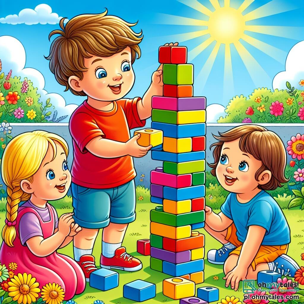Une illustration sous forme de dessin destinée aux enfants représentant un jardin ensoleillé avec des fleurs colorées et un ciel bleu, où un garçon de 4 ans aux cheveux bruns en désordre et portant un t-shirt rouge est en train de construire une grande tour de blocs colorés, entouré de deux amis : une fille aux cheveux blonds tressés, vêtue d'une robe rose, qui l'encourage avec un grand sourire, et un garçon aux cheveux châtains courts, habillé d'un t-shirt bleu, qui tient un bloc prêt à l'ajouter à la structure, alors qu'ils tentent ensemble de relever le défi de construire la plus haute tour de klocki sans qu'elle ne s'effondre.