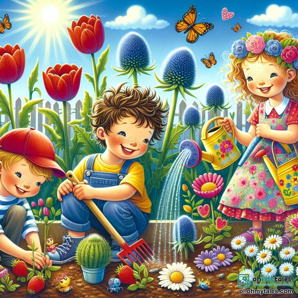 Ilustracja przedstawiająca kolorowy ogród szkolny wiosną, z kwiatami w różnych odcieniach: czerwonymi tulipanami, niebieskimi ostami i delikatnymi białymi stokrotkami. Niebo jest jasnoniebieskie, usiane puszystymi chmurami, a słońce radośnie świeci nad wszystkim. W centrum trójka dzieci jest zajęta: 6-letni chłopiec z potarganymi brązowymi włosami i żółtą koszulką klęczy, sadząc nasiona ostów w ziemi małym grabiami. Obok niego 5-letni chłopiec z blond włosami w czerwonej czapce podlewa swoje tulipany kolorowym konewką. Na koniec 6-letnia dziewczynka z długimi kręconymi włosami i sukienką w kwiaty uśmiecha się, trzymając małą łopatkę, gotowa do sadzenia stokrotek. Scena emanuje radością i przyjaźnią, z owadami takimi jak motyle i biedronki krążącymi wokół dzieci, podczas gdy ptak śpiewa na pobliskiej gałęzi. Kolorowe narzędzia ogrodnicze są porozrzucane wokół nich, a drewniany znak informuje "Ogród dzieci".