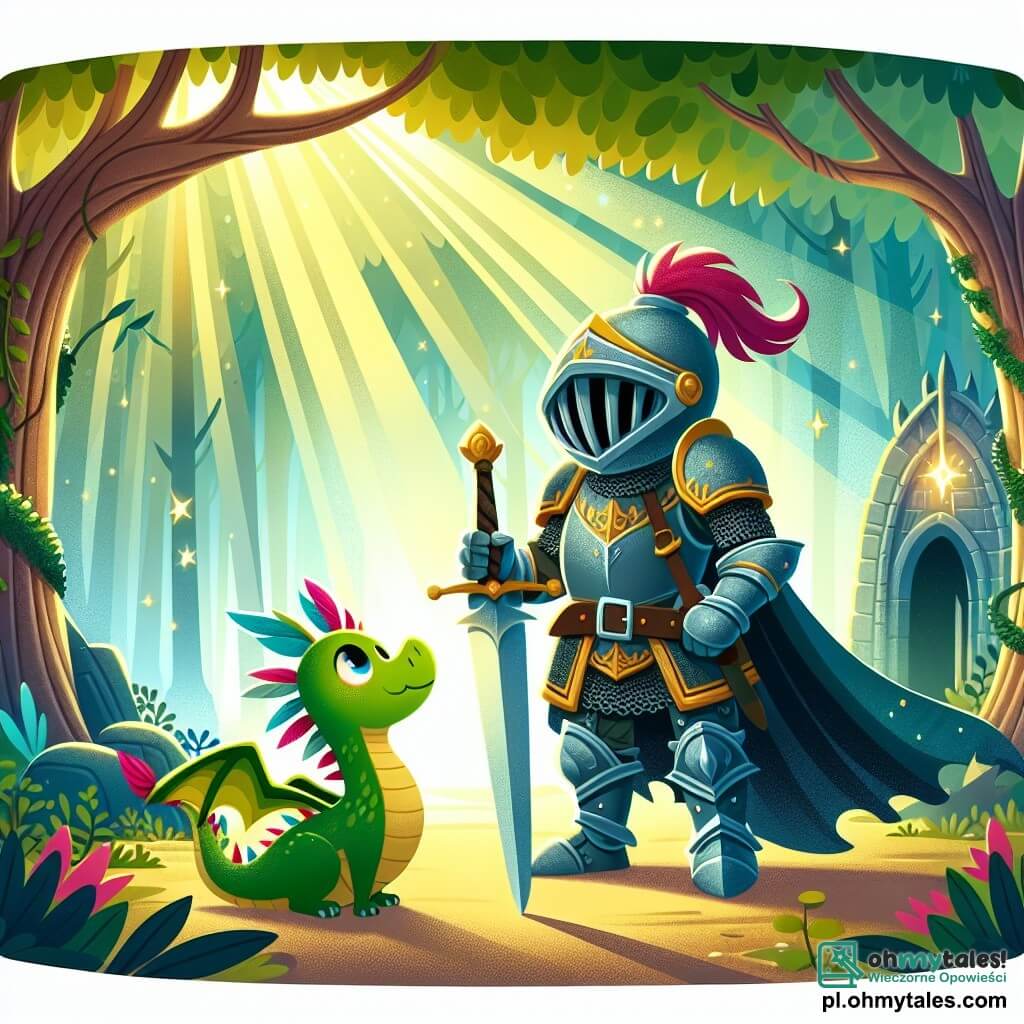 Une illustration sous forme de dessin destinée aux enfants représentant une forêt enchantée avec des arbres majestueux et des rayons de soleil filtrant à travers le feuillage, au premier plan, un chevalier courageux en armure brillante, avec un casque orné de plumes colorées, tenant une épée scintillante, tandis qu'à ses côtés se trouve un petit dragon vert aux yeux pétillants, qui regarde avec admiration, et ensemble, ils se tiennent devant une ancienne grotte mystérieuse, prêts à découvrir un trésor caché, symbolisant l'amitié et l'aventure.