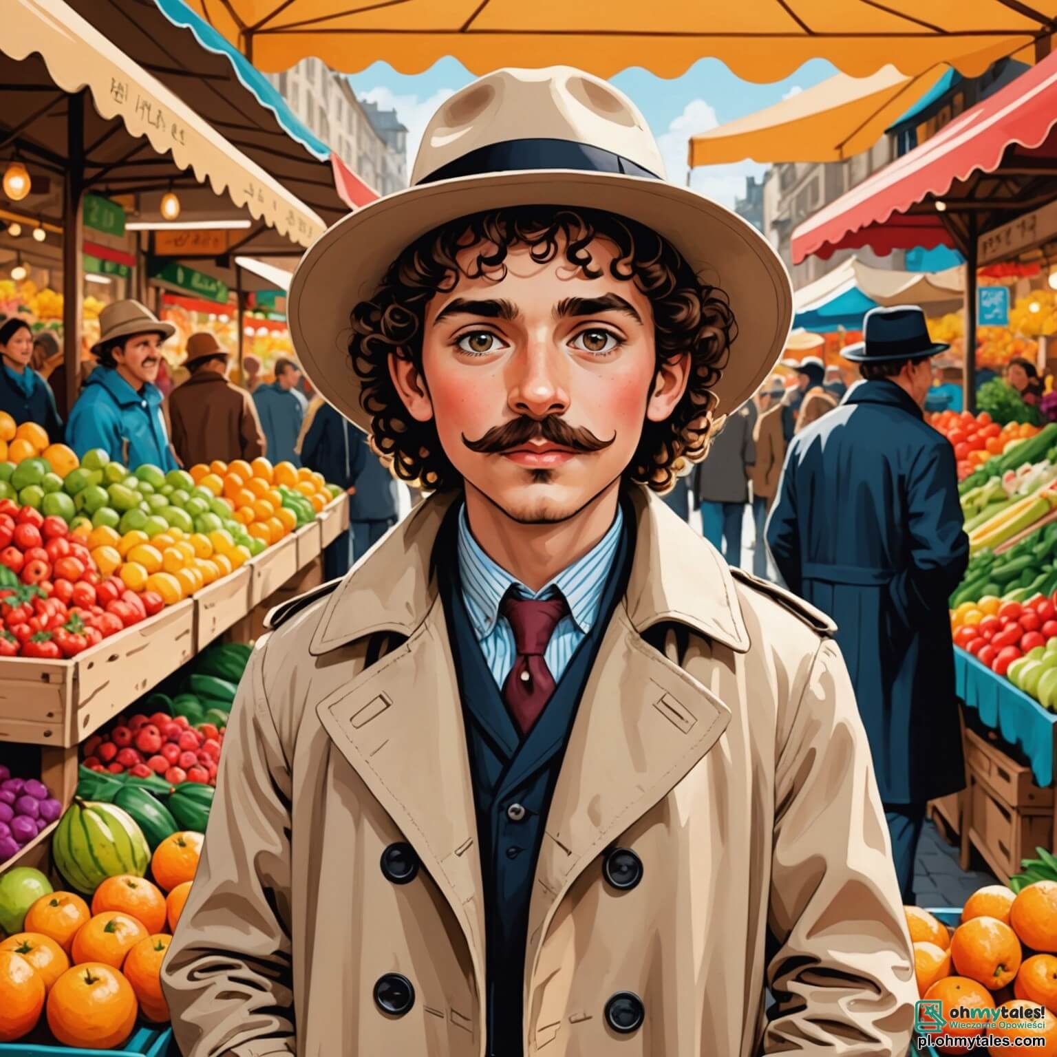 Une illustration destinée aux enfants représentant un homme au regard perçant et à la moustache soignée, vêtu d'un long trench-coat beige et d'un chapeau noir, se tenant au milieu d'un marché coloré et animé, où les étals débordent de fruits éclatants et de fleurs parfumées, tandis qu'une petite fille aux cheveux bouclés, pleine d'énergie et de curiosité, l'observe avec admiration, et un jeune garçon au sourire malicieux, caché derrière un arbre, semble jouer les espions en attendant que l'homme résolve le mystère de la disparition des fruits, le tout se déroulant dans la charmante ville de Złotowo, où les rires des enfants se mêlent aux cris des vendeurs et aux senteurs délicieuses des pâtisseries fraîchement cuites.