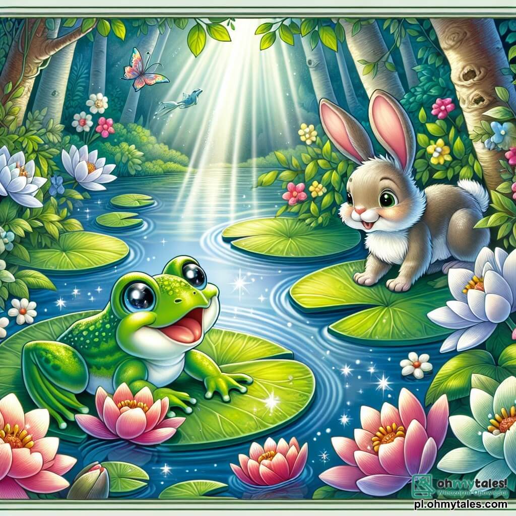 Une illustration destinée aux enfants représentant une petite grenouille aux yeux pétillants et à la peau d'un vert éclatant, sautillant joyeusement sur les nénuphars d'un paisible étang, entourée de fleurs colorées aux pétales délicats et parfumés, tandis qu'un doux rayon de soleil filtre à travers les feuilles des grands arbres qui bordent le lieu, où elle se lance dans une quête palpitante pour découvrir des trésors cachés, accompagnée de son meilleur ami, un petit lapin aux grandes oreilles et au pelage soyeux, tous deux émerveillés par les reflets scintillants de l'eau et les doux murmures de la nature qui les entourent.