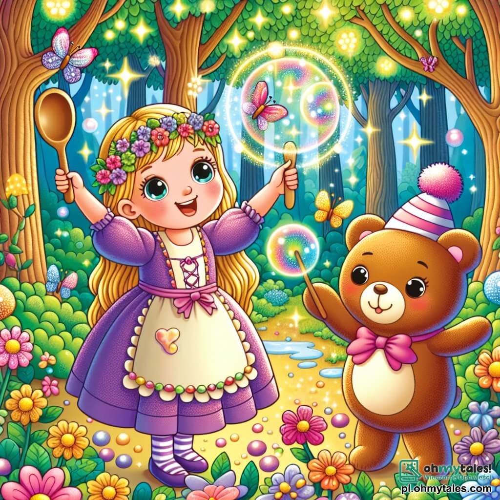 Une illustration sous forme de dessin destinée aux enfants représentant une forêt enchantée aux arbres aux troncs colorés et aux feuilles scintillantes, où une fille de 7 ans aux longs cheveux dorés et aux yeux pétillants, vêtue d'une robe violette, s'amuse à faire des bulles de savon magiques avec une grande cuillère en bois, tandis qu'un petit ours en peluche brun à ses côtés, portant un chapeau en bonbon, danse joyeusement, le tout dans une atmosphère de rires et de magie, avec des fleurs souriantes et des papillons multicolores virevoltant autour d'eux.
