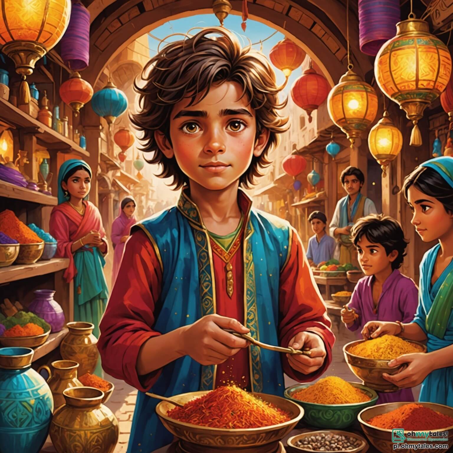 Une illustration destinée aux enfants représentant un jeune garçon aux cheveux ébouriffés et aux yeux pétillants, vêtu de vêtements colorés et usés, se faufilant avec agilité parmi les étals d'un bazar vibrant de couleurs éclatantes, où des épices aux teintes flamboyantes et des tissus chatoyants flottent dans l'air chaud du désert, tandis qu'il découvre une mystérieuse lampe ancienne, entouré de personnages secondaires comme une belle princesse à la peau dorée, au sourire radieux et à la robe scintillante, ainsi qu'un djin majestueux aux yeux étincelants et à la peau d'un bleu profond, tous évoluant dans la magie envoûtante de la ville d'Agrabah, où l'aventure et le rêve se mêlent à chaque coin de rue.